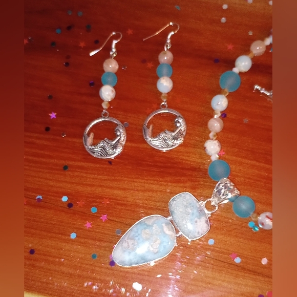 Aqua Terra Jasper Pendant Sunstone Frosted Sea Glass Beads Earrings Unique Set - Picture 6 of 8